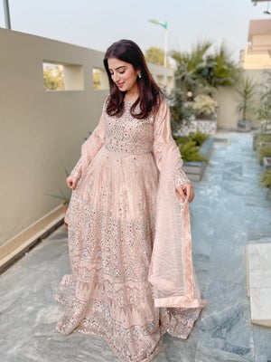 Pearl Whisper – Pastel Pink Maxi with Mirror & Sequin Work