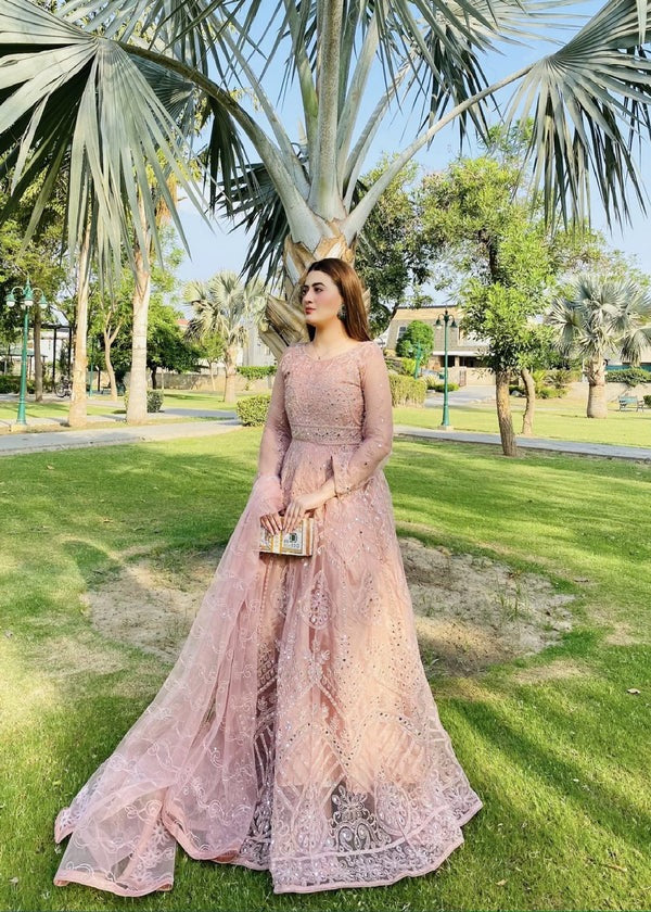 Embellished Tea Pink Maxi Dress with Pearl & Mirror Work