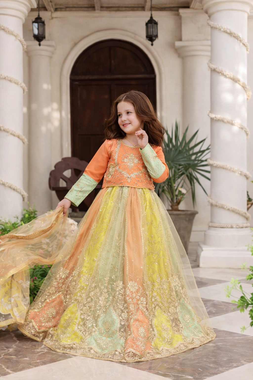 Multi-Color Embroidered Organza Kurti with Net Lehenga & Dupatta – 3-Piece Festive Ensembl