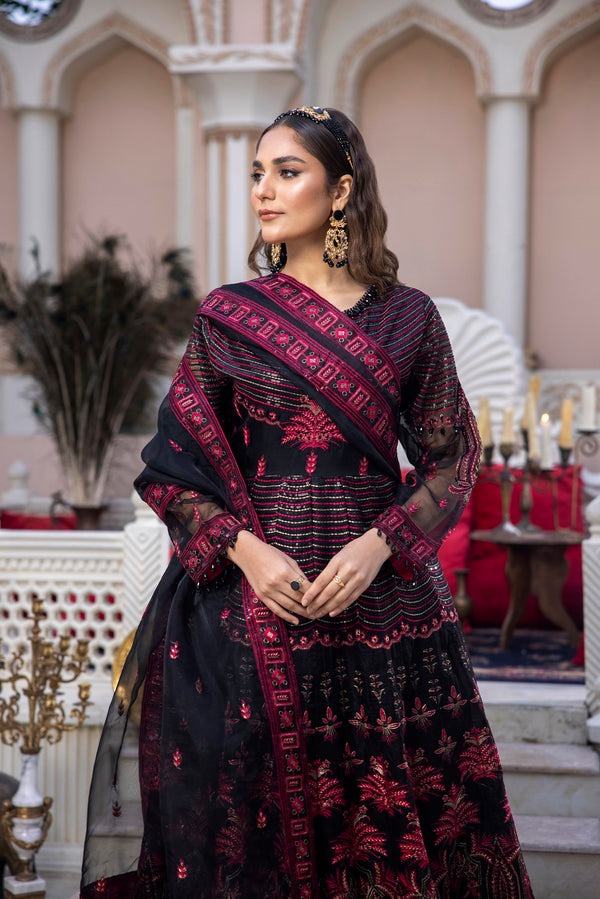 Ebony Radiance – Classic Embroidered Dress with Organza Dupatta