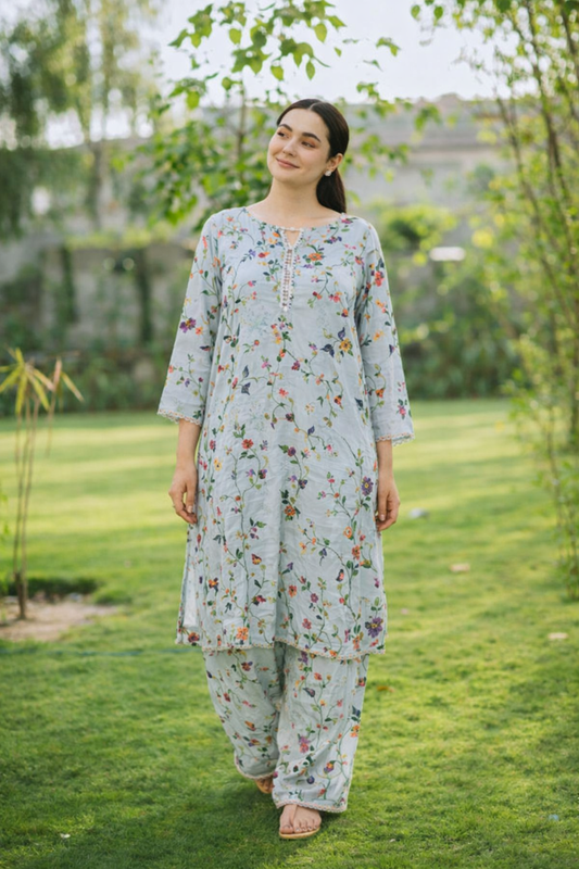 Floral Light Blue Kurta Set - Pakistani dresses in Sydney, Brisban