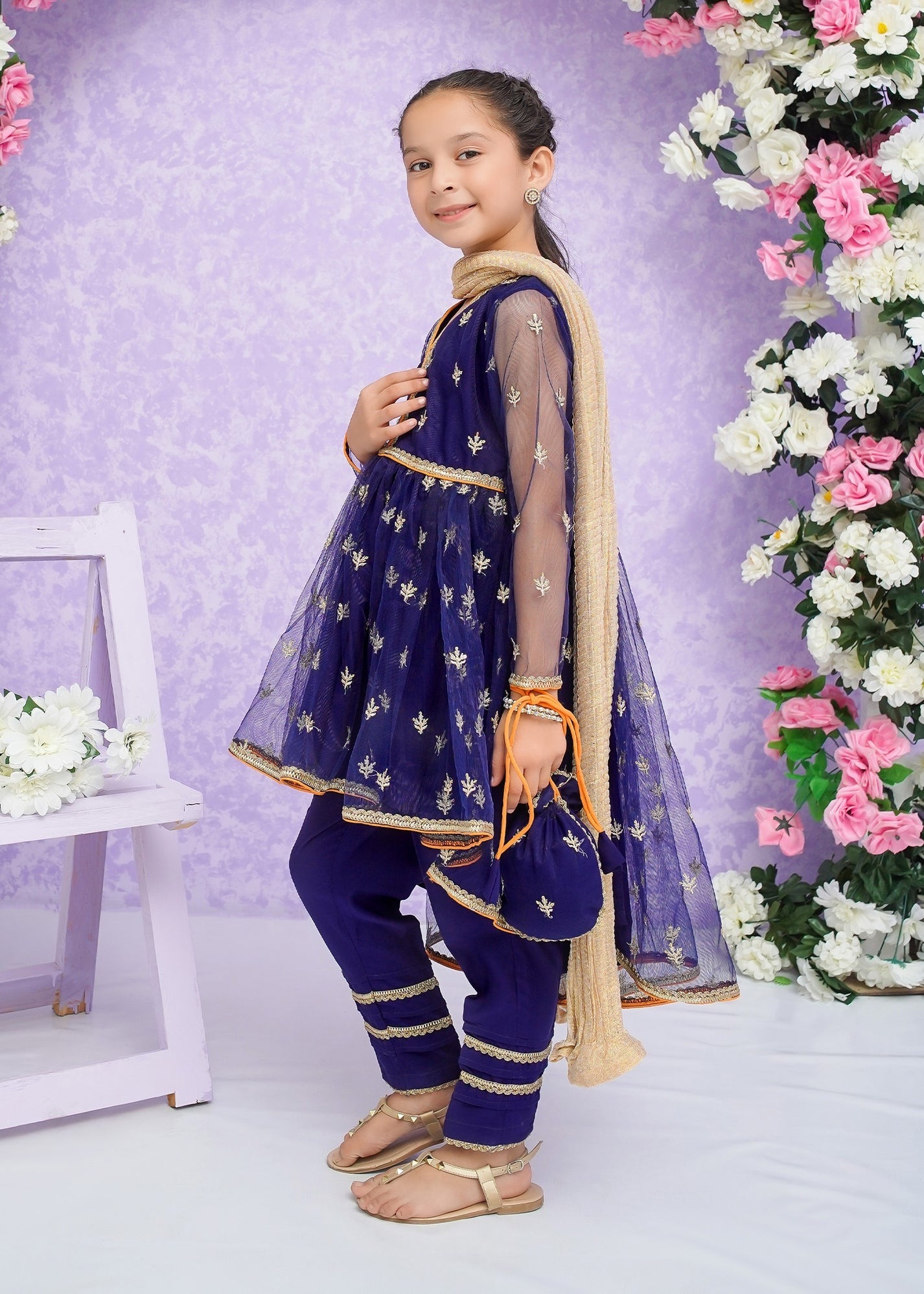 Blue Embroidered Net Frock Suit for Girls – 3 Piece Stitched Ready-to-Wear Set