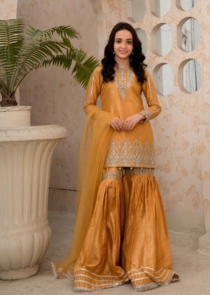 Gold Raw Silk Gharara Set with Silver Embroidery & Organza Dupatta – 3-Piece Festive Ensemble