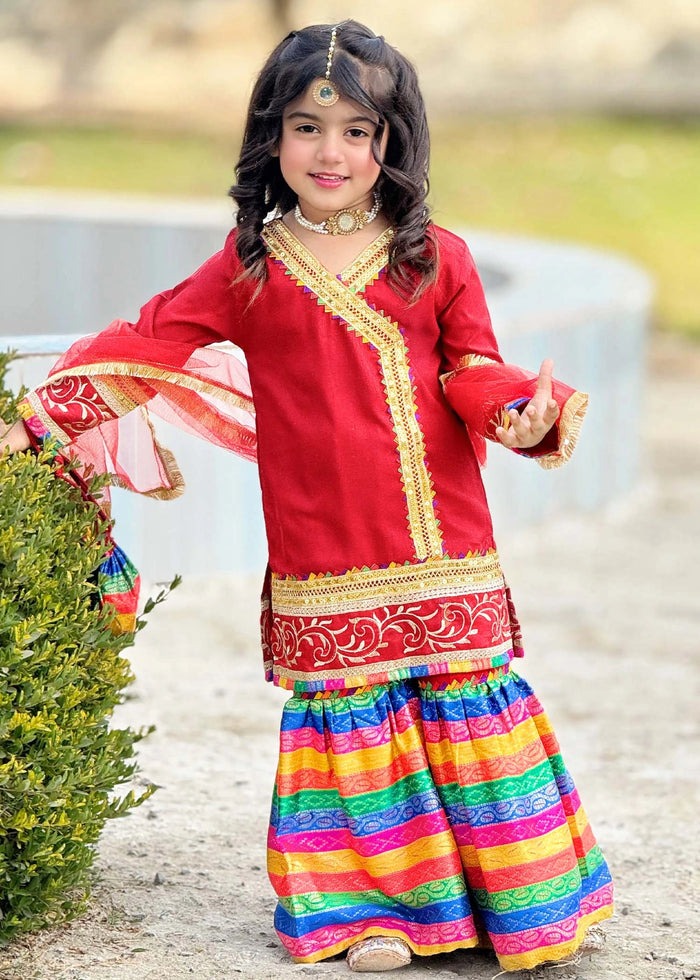 Red Raw Silk 3-Piece Girls Angrakha Kurti with Jamawar Gharara & Net Dupatta