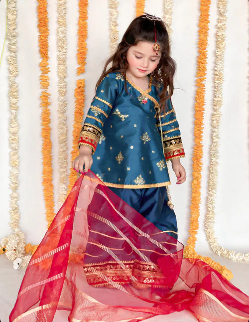 EMBROIDERED ANGRAKHA STITCHED 3 PIECE KIDS DRESS