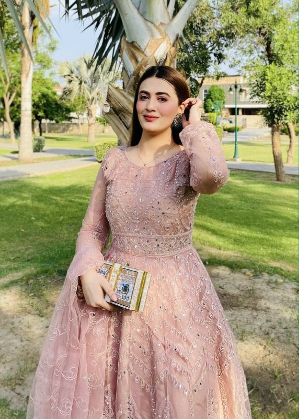 Embellished Tea Pink Maxi Dress with Pearl & Mirror Work