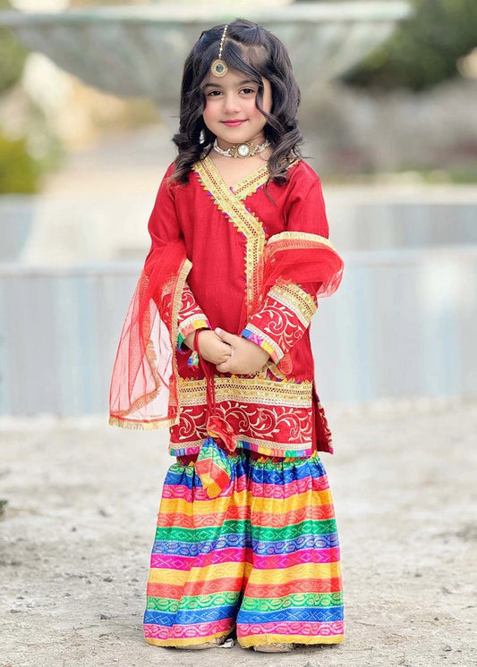Red Raw Silk 3-Piece Girls Angrakha Kurti with Jamawar Gharara & Net Dupatta