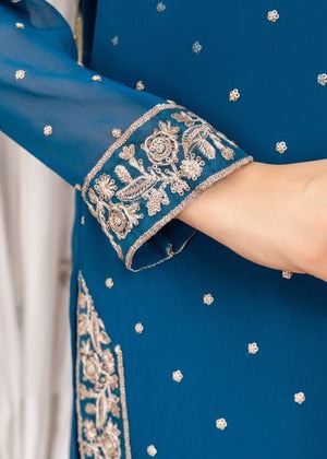 Luxury Ocean Blue Embroidered Chiffon 3-Piece Suit with Silk Crepe Trousers