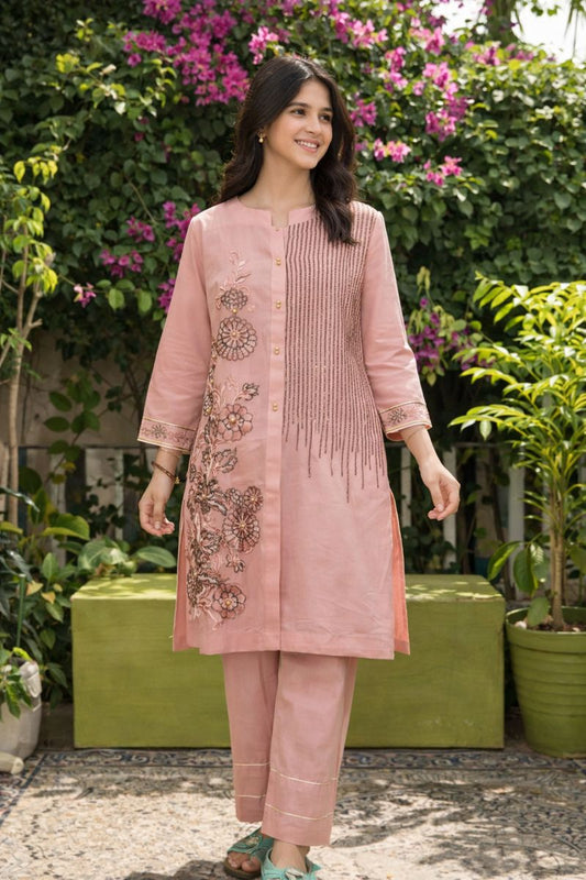 Blush Bloom – Summer Ethnic Elegance Peach Embroidery Co-ord Set only shirt - This outfit is perfect for Eid celebrations in Australia