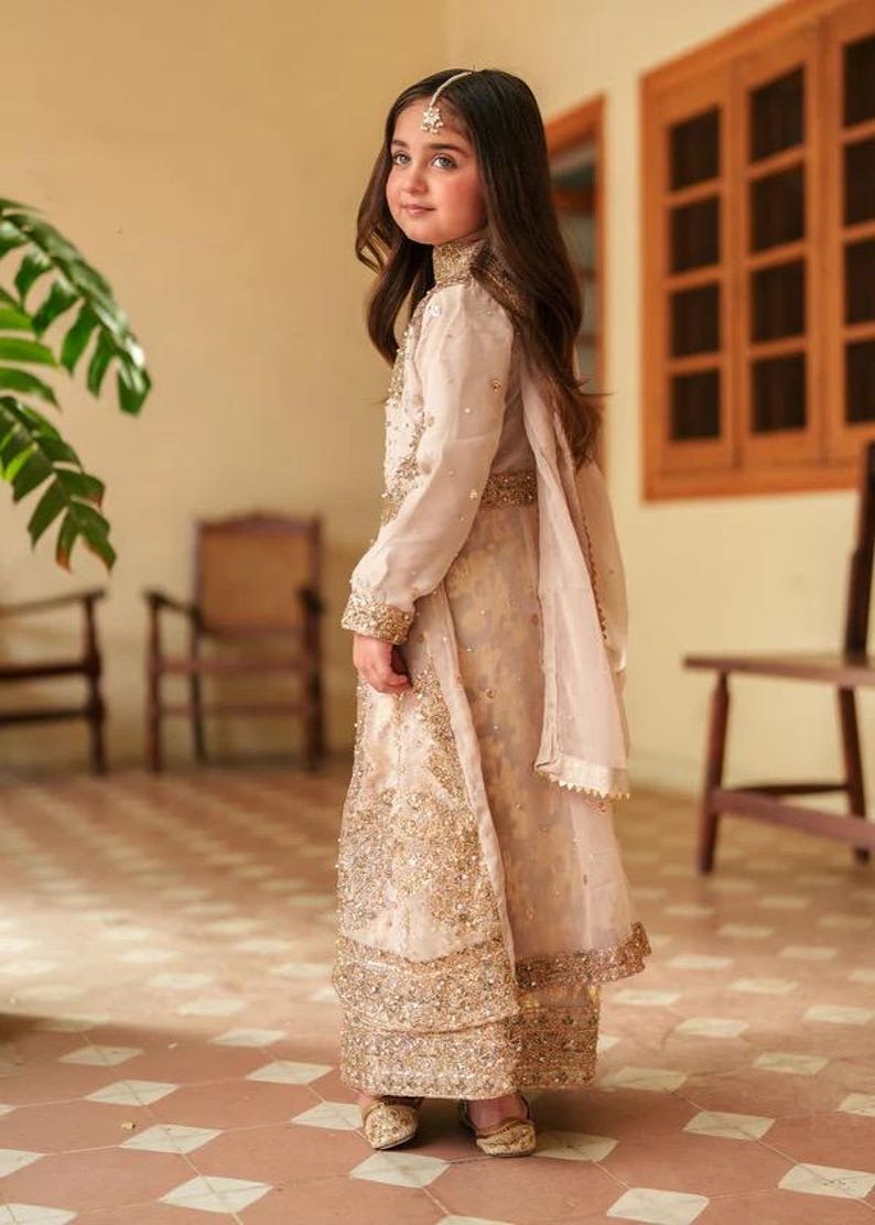 Girls’ Gold Embroidered Maxi Dress – 3-Piece Formal Outfit with Dupatta | Kids Wedding Guest Wear | Modest Eastern Dress