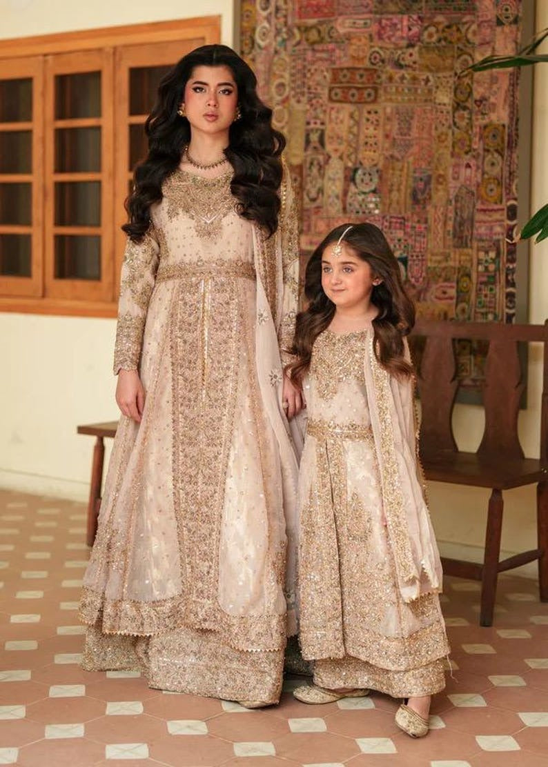 Girls’ Gold Embroidered Maxi Dress – 3-Piece Formal Outfit with Dupatta | Kids Wedding Guest Wear | Modest Eastern Dress