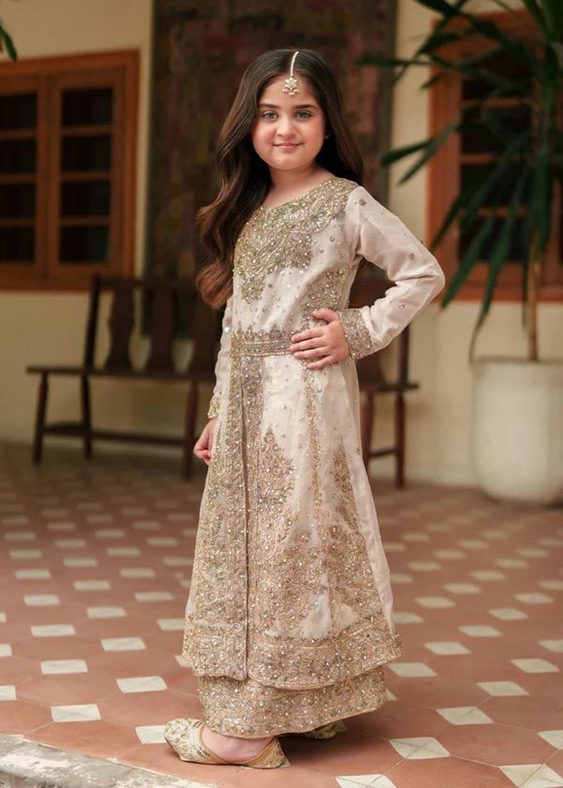 Girls’ Gold Embroidered Maxi Dress – 3-Piece Formal Outfit with Dupatta | Kids Wedding Guest Wear | Modest Eastern Dress