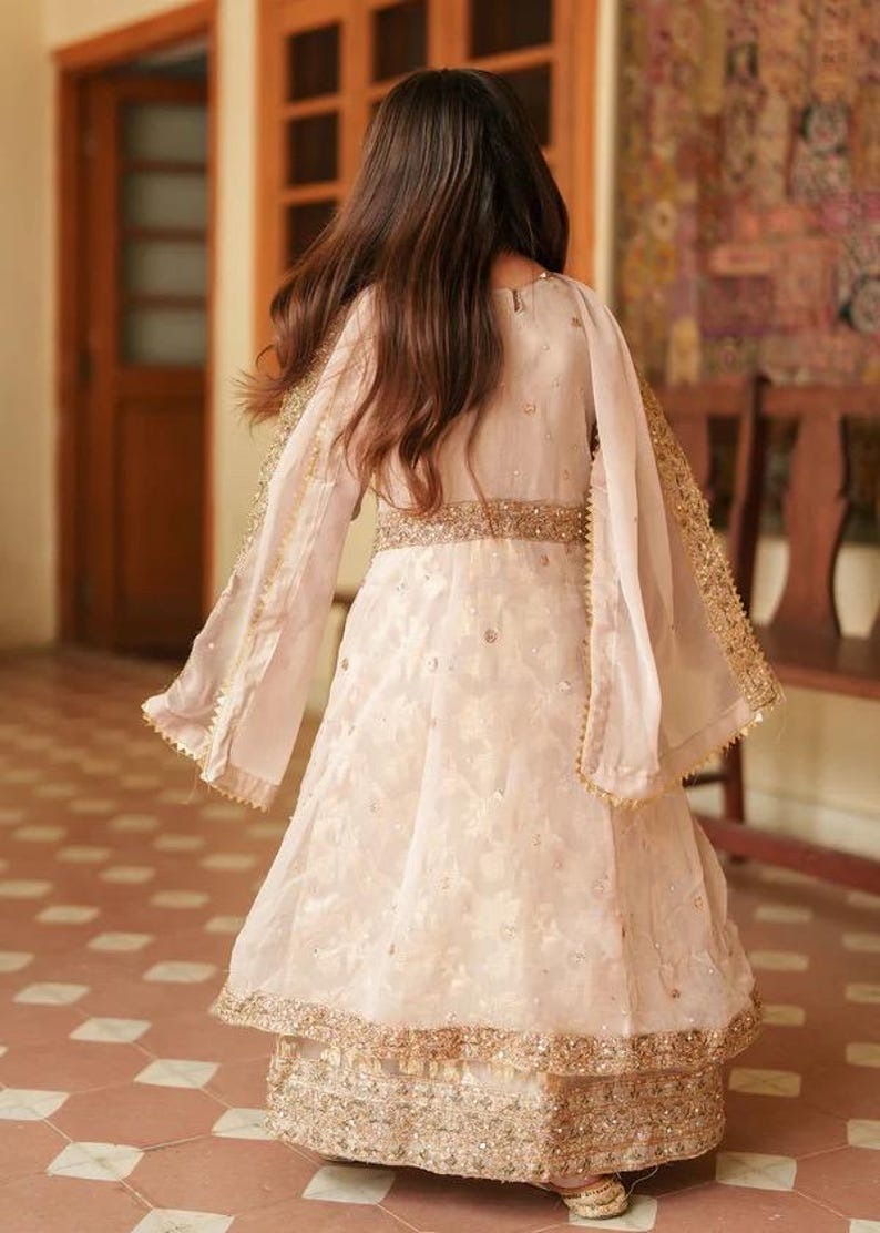 Girls’ Gold Embroidered Maxi Dress – 3-Piece Formal Outfit with Dupatta | Kids Wedding Guest Wear | Modest Eastern Dress