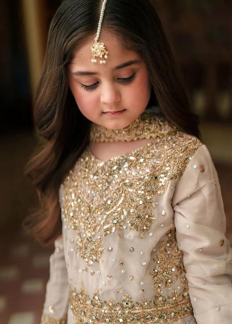 Girls’ Gold Embroidered Maxi Dress – 3-Piece Formal Outfit with Dupatta | Kids Wedding Guest Wear | Modest Eastern Dress