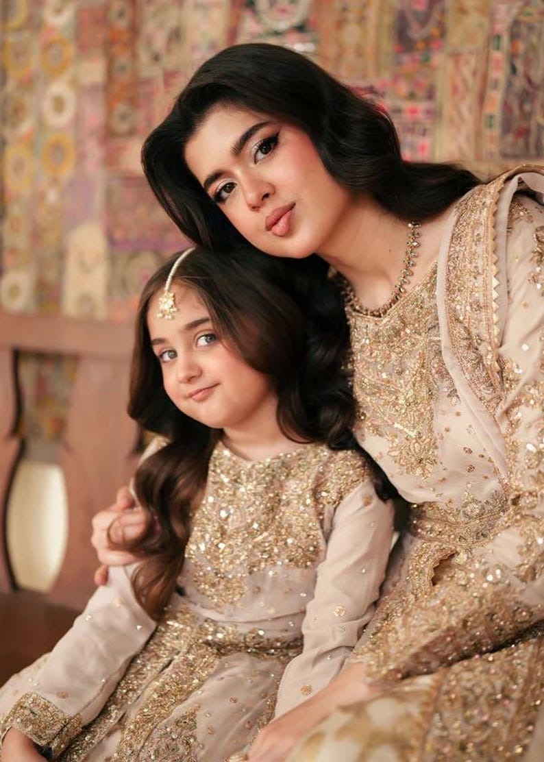 Girls’ Gold Embroidered Maxi Dress – 3-Piece Formal Outfit with Dupatta | Kids Wedding Guest Wear | Modest Eastern Dress
