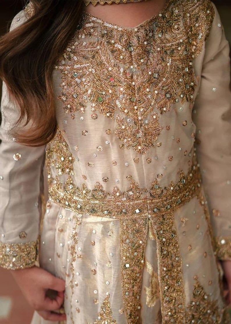 Girls’ Gold Embroidered Maxi Dress – 3-Piece Formal Outfit with Dupatta | Kids Wedding Guest Wear | Modest Eastern Dress