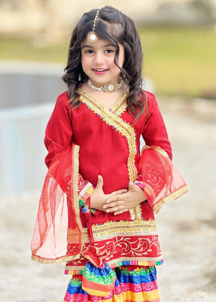 Red Raw Silk 3-Piece Girls Angrakha Kurti with Jamawar Gharara & Net Dupatta