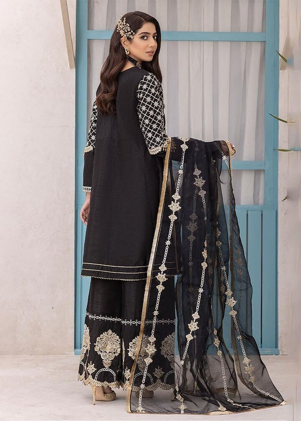 Black Raw Silk A-Line Kurta with Embellished Sharara & Organza Dupatta