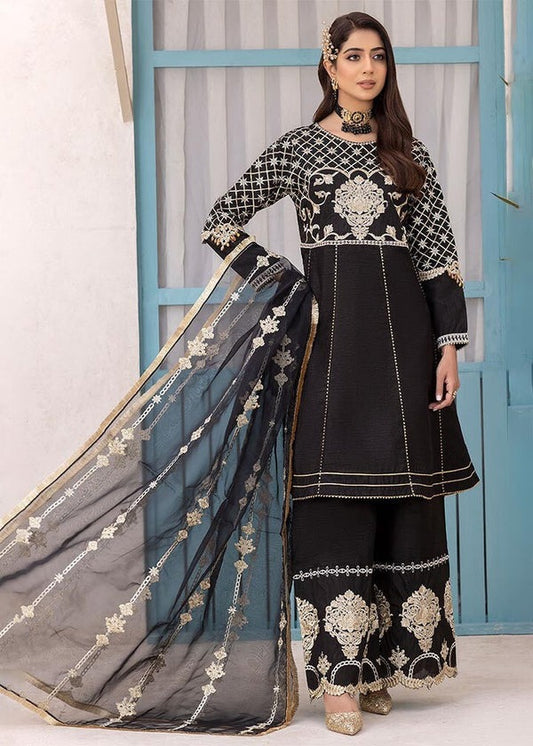 Black Raw Silk A-Line Kurta with Embellished Sharara & Organza Dupatta