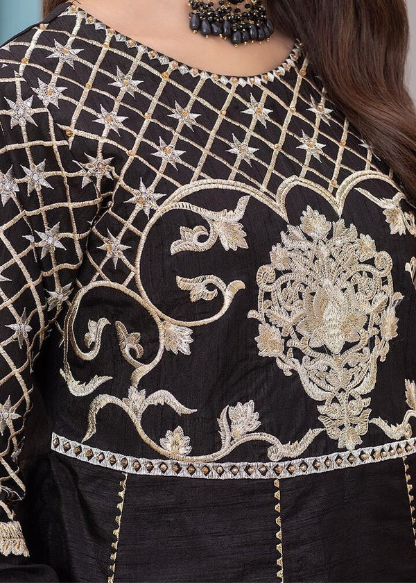 Black Raw Silk A-Line Kurta with Embellished Sharara & Organza Dupatta