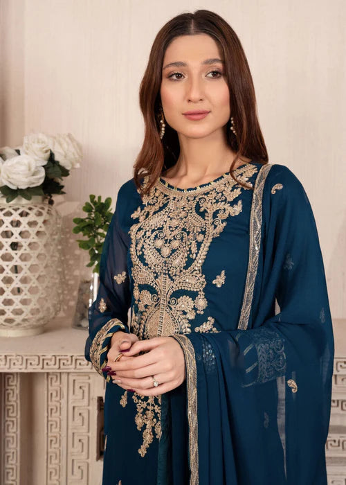 EMBROIDERED CHIFFON STITCHED 3 PIECE DRESS