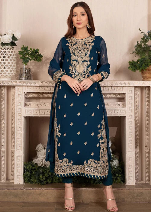 EMBROIDERED CHIFFON STITCHED 3 PIECE DRESS