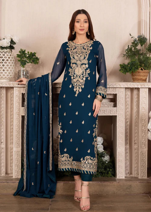 EMBROIDERED CHIFFON STITCHED 3 PIECE DRESS