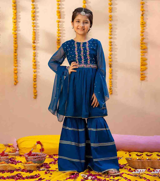 Blue Chiffon & Raw Silk Gharara Set with Embroidered Frock-Style Kameez & Dupatta