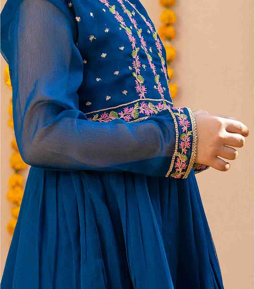 Blue Chiffon & Raw Silk Gharara Set with Embroidered Frock-Style Kameez & Dupatta