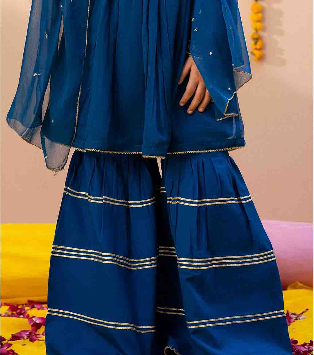 Blue Chiffon & Raw Silk Gharara Set with Embroidered Frock-Style Kameez & Dupatta