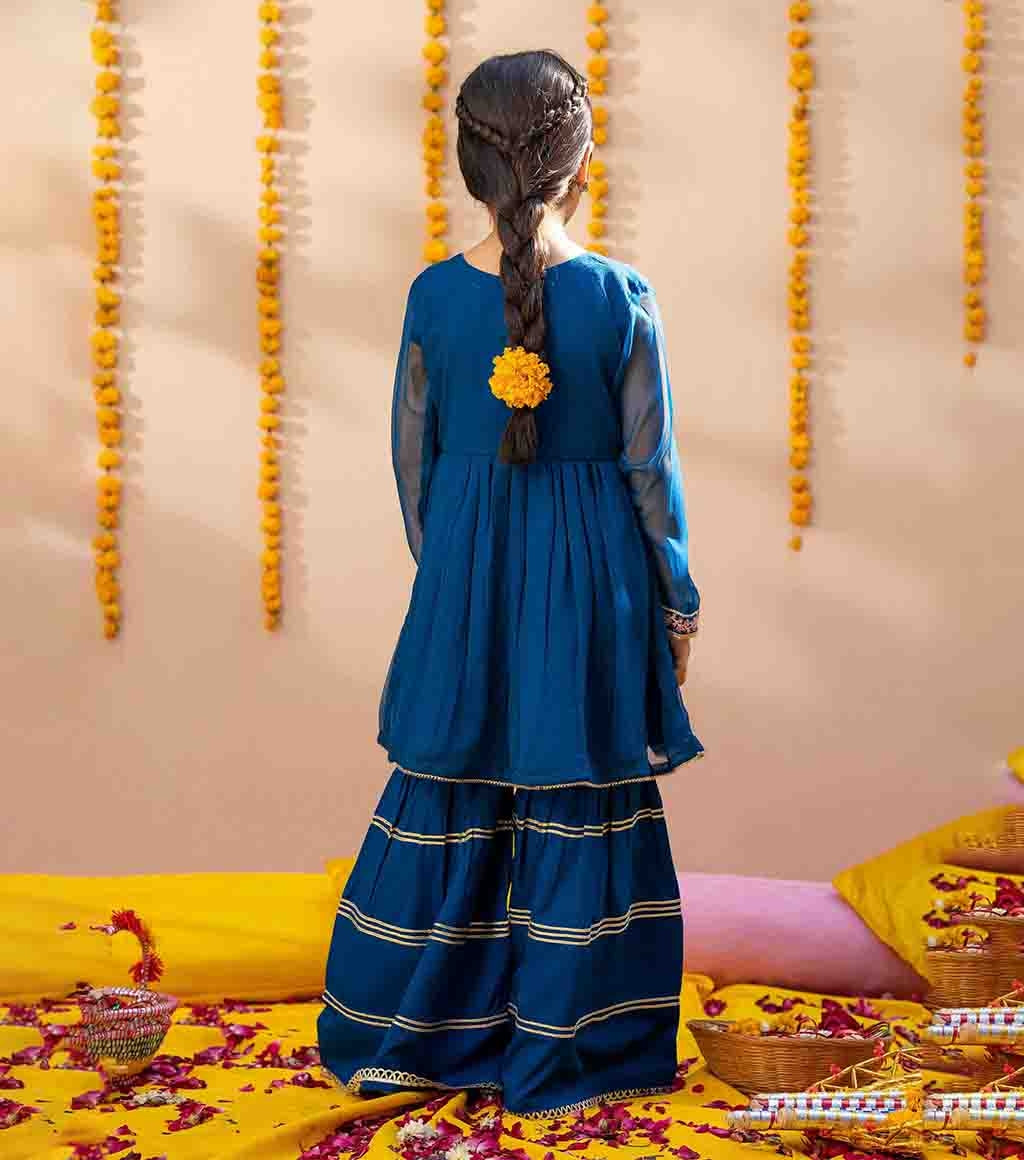 Blue Chiffon & Raw Silk Gharara Set with Embroidered Frock-Style Kameez & Dupatta