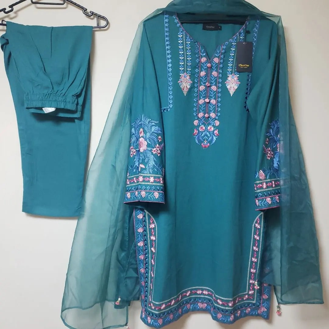 Green Embroidered Three - Piece Suit