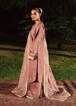 Mauve Pink Embroidered Lawn 3-Piece Kurta Set with Organza Dupatta