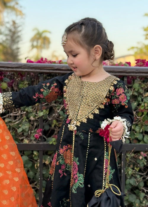 Black Embroidered Cotton 3-Piece Set – Flared Pishwas with Straight Trouser & Organza Dupatta