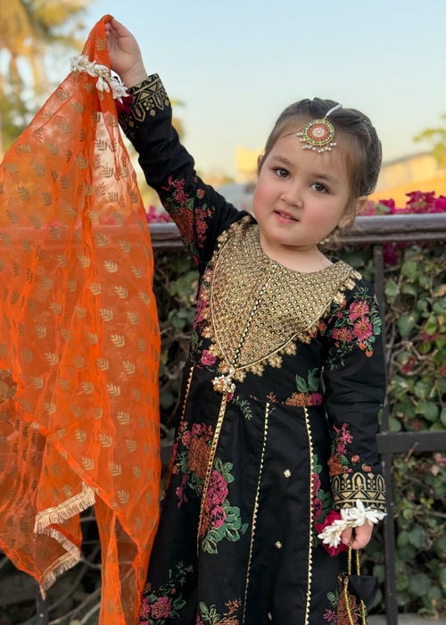 Black Embroidered Cotton 3-Piece Set – Flared Pishwas with Straight Trouser & Organza Dupatta