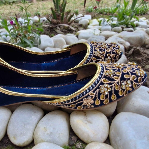 Royal Navy Blue Velvet Khussa with Golden Hand Embroidery