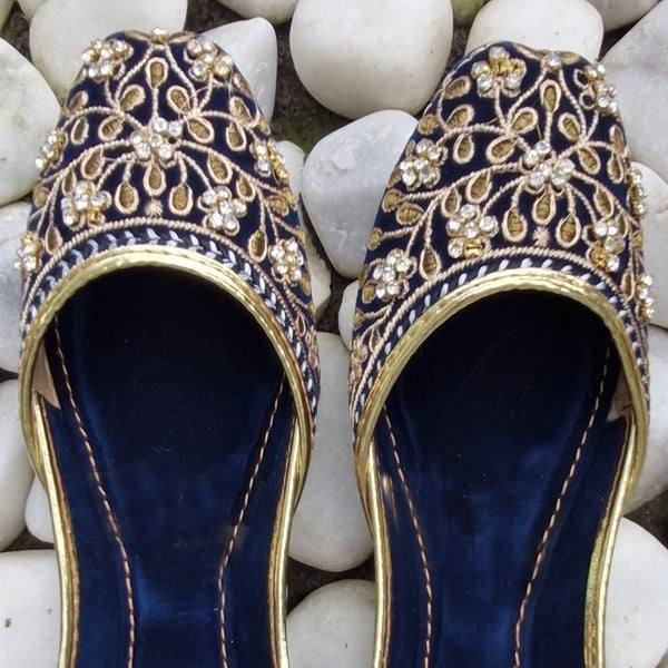 Royal Navy Blue Velvet Khussa with Golden Hand Embroidery