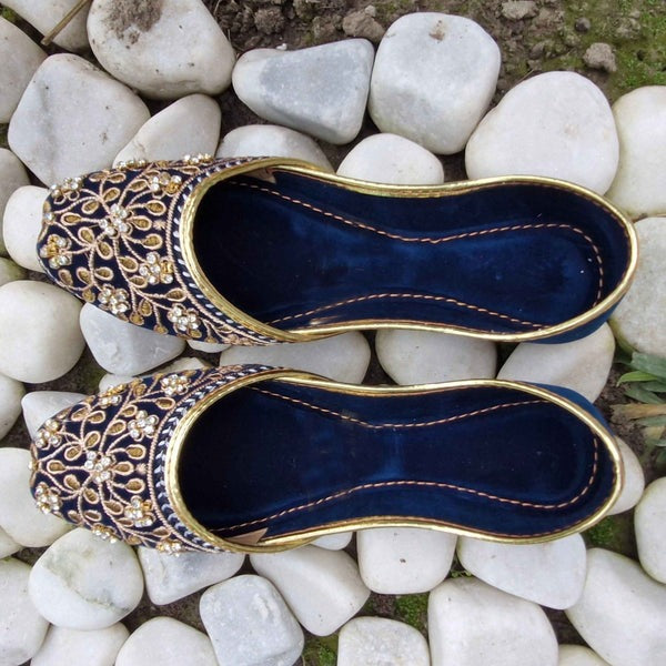 Royal Navy Blue Velvet Khussa with Golden Hand Embroidery