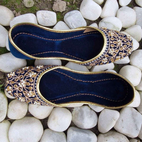 Royal Navy Blue Velvet Khussa with Golden Hand Embroidery