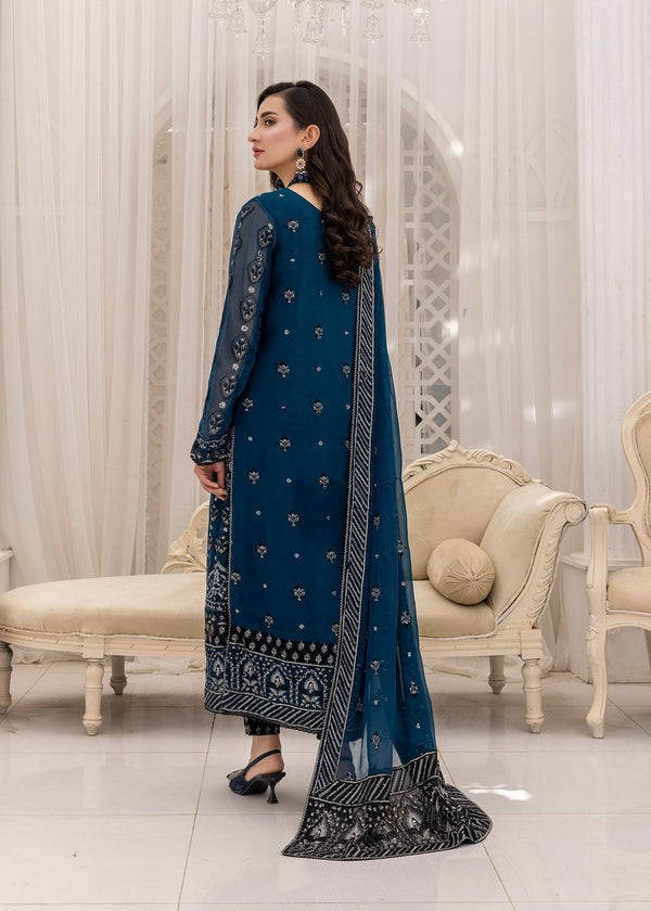 Mystic Teal Elegance – Silver & Charcoal Embroidered Ensemble