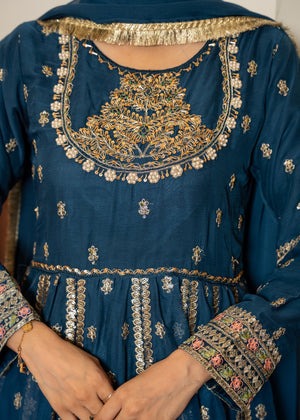 Zinc Blue Embroidered Chiffon 3-Piece Frock Set with Silk Straight Trousers & Dupatta – Festive & Party Wear