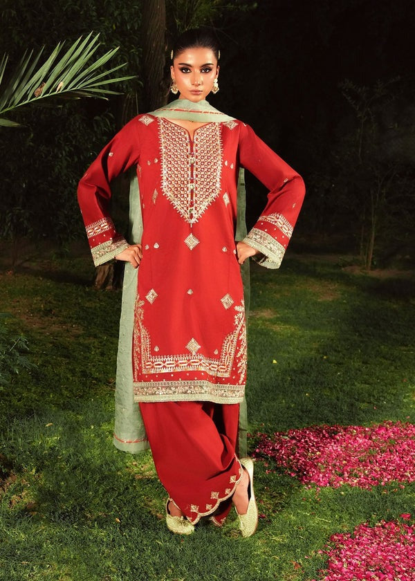 Embroidered Short Shirt & Farshi Shalwar with Organza Dupatta