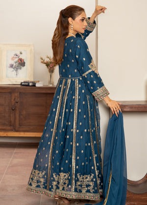 Zinc Blue Embroidered Chiffon 3-Piece Frock Set with Silk Straight Trousers & Dupatta – Festive & Party Wear