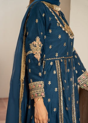 Zinc Blue Embroidered Chiffon 3-Piece Frock Set with Silk Straight Trousers & Dupatta – Festive & Party Wear