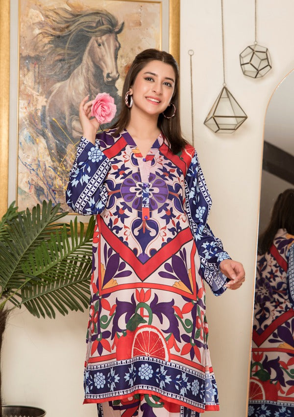 2Pc Printed Arabic Silk Lawn Set
