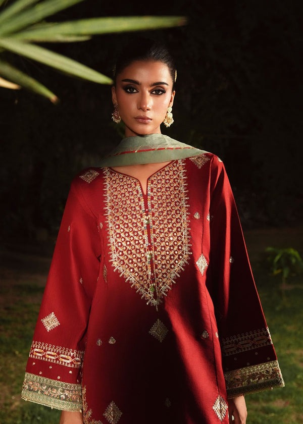 Embroidered Short Shirt & Farshi Shalwar with Organza Dupatta