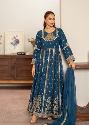 Zinc Blue Embroidered Chiffon 3-Piece Frock Set with Silk Straight Trousers & Dupatta – Festive & Party Wear
