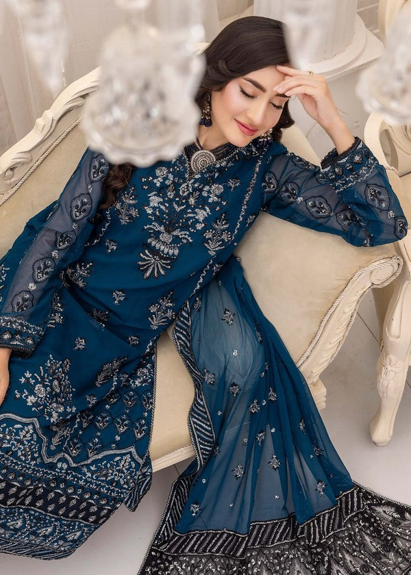 Mystic Teal Elegance – Silver & Charcoal Embroidered Ensemble