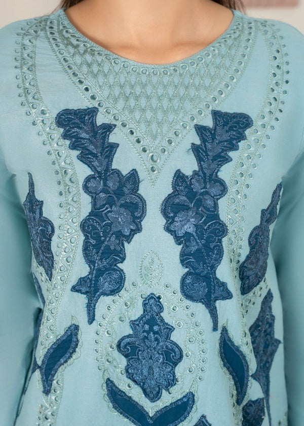 Powder Blue Short Kurta with Embroidered Shalwar & Organza Dupatta