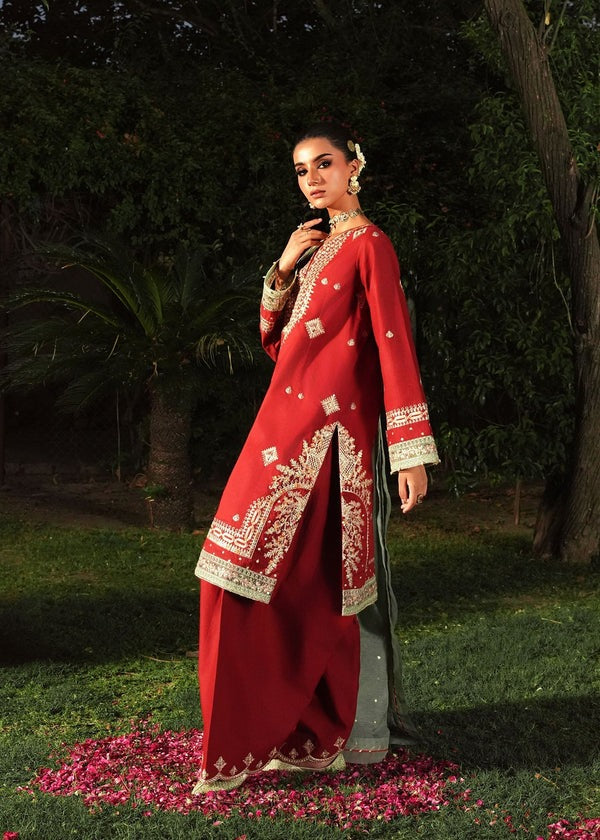 Embroidered Short Shirt & Farshi Shalwar with Organza Dupatta